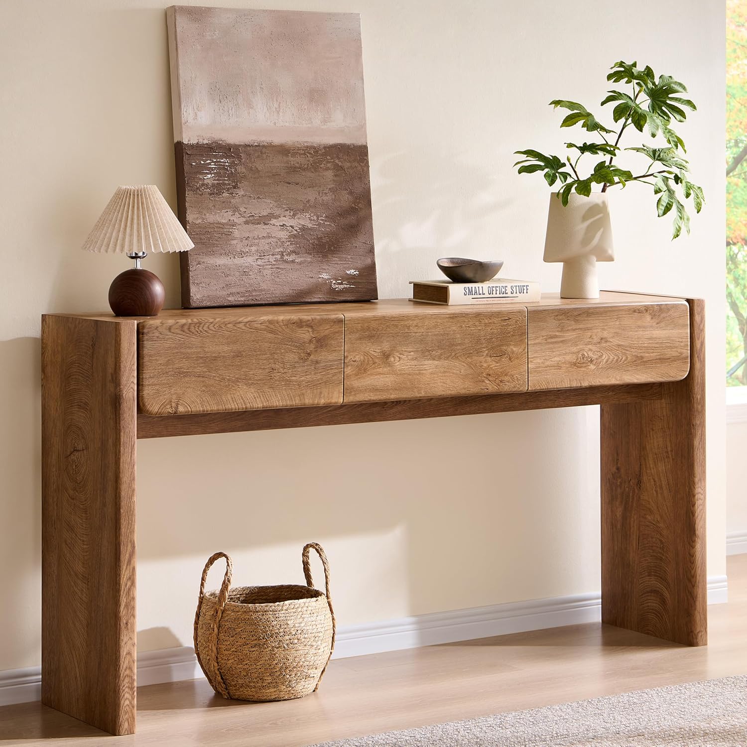 OKD 63'' Console Table with 3 Drawers, Farmhouse Entryway Table with Rounded Corners, Console Table Behind Couch for Living Room/Hallway-Light Knotty Oak