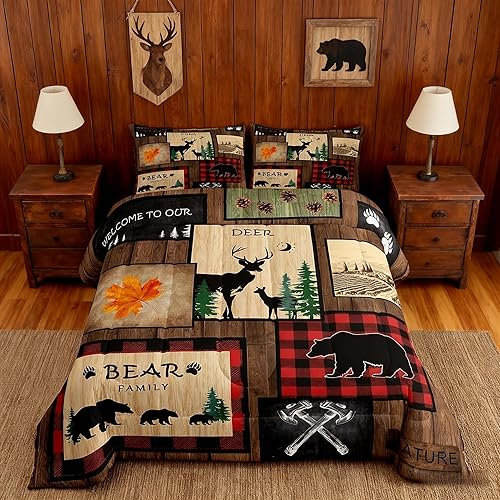 Manfei Juego de edredón rústico tamaño Queen, juego de edredón con estampado de ciervos y osos salvajes con 2 fundas de almohada, estilo granja,