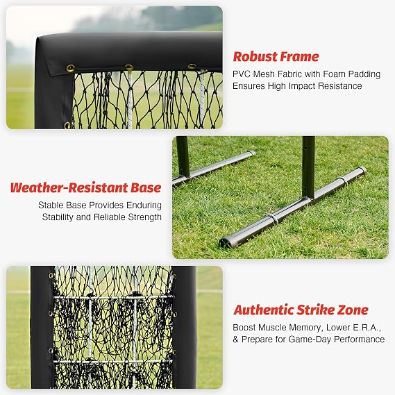 ZELUS 9-Hole Pitching Net, Heavy-Duty Baseball Net with Authentic Strike Zone & Detachable Stand, Height Adjustable Baseball Training Net for Batting Pitching Hitting, Softball Aid Equipment 35.3lb.