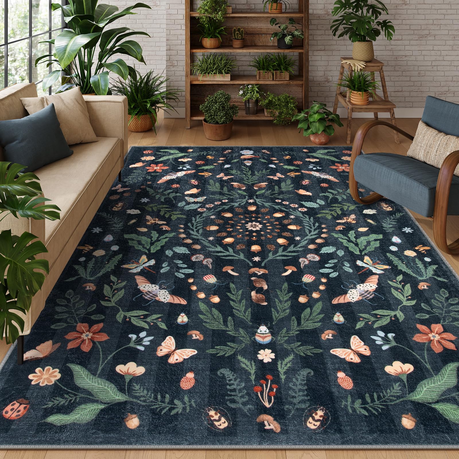Amazon.com: Lahome Insect Botanical Washable Black 8x10 Area Rugs for ...