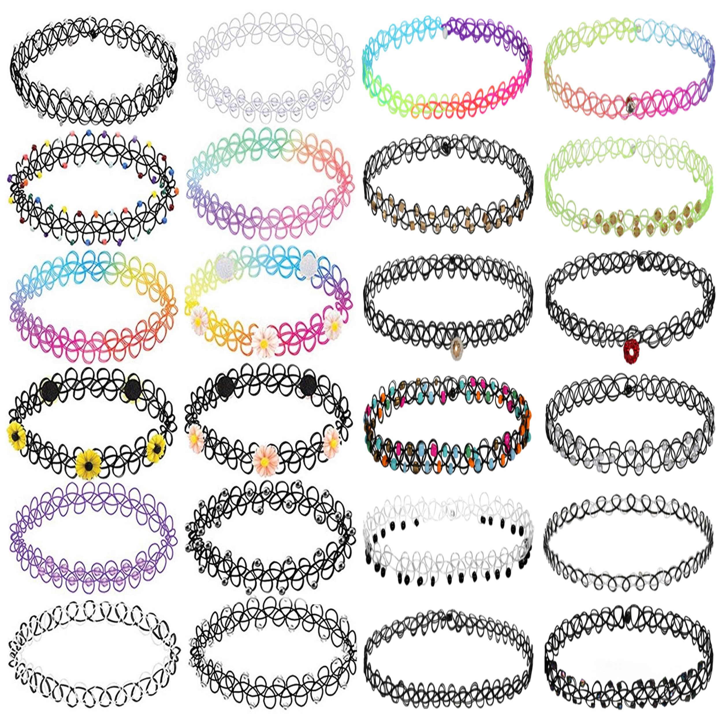 BodyJ4You24PC Tattoo Choker Necklace - 90s Choker Necklaces Y2K Fashion Trendy Vintage - Daisy Flower Charm Colorful Rainbow Black Goth Pendant - Stretchy Elastic Necklace Summer Gift Set
