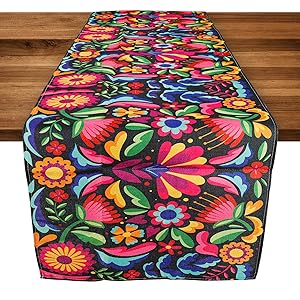 TAOPE Camino de Mesa Flores de Colores Verano Camino de Mesa en Lino 40 x 140 cm Traves de Mesa Vintage de Colores Mexicanos para Casa Cocina Cena Boda Fiesta Decoracion de Mesa