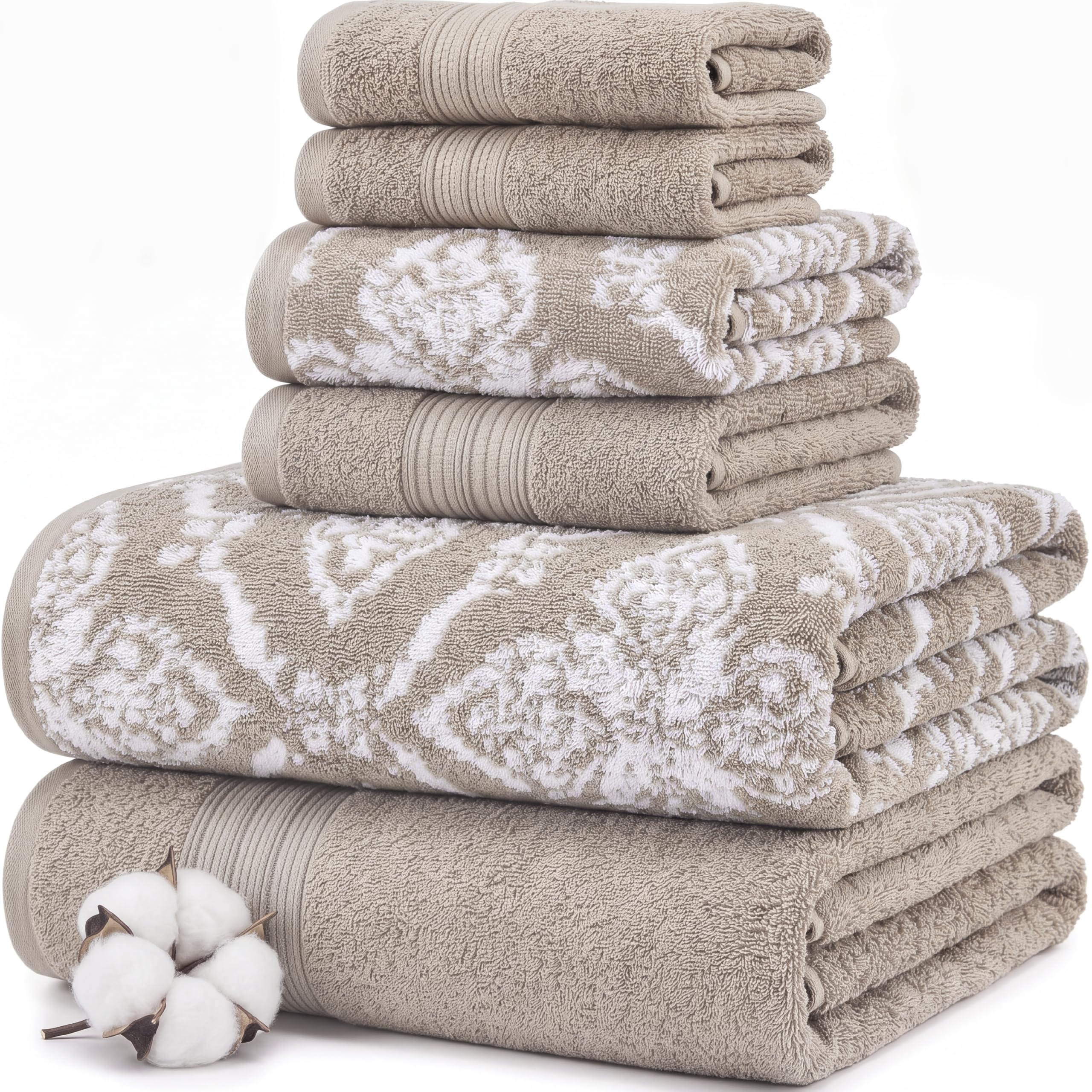 Modern Threads Amaris - Juego de 6 Toallas Reversibles de Jacquard teñidas, Toallas de baño, Toallas de Mano y paños de baño, súper absorbentes y de Secado rápido, 100% algodón Peinado, Color Caqui