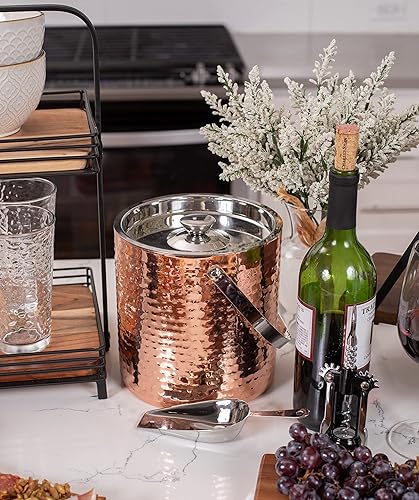 Miniatura 8 de BIRDROCK HOME Cubo de hielo con cuchara y tapa, 2.8 litros martillado de acero inoxidable 18/8 con aislamiento de doble pared con asa de transporte