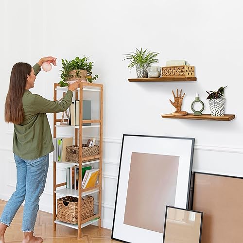 Miniatura 2 de Estantes flotantes, madera de fresno, juego de 2 estantes rústicos, estantes de pared de madera para sala de estar, dormitorio, cocina, baño, granja