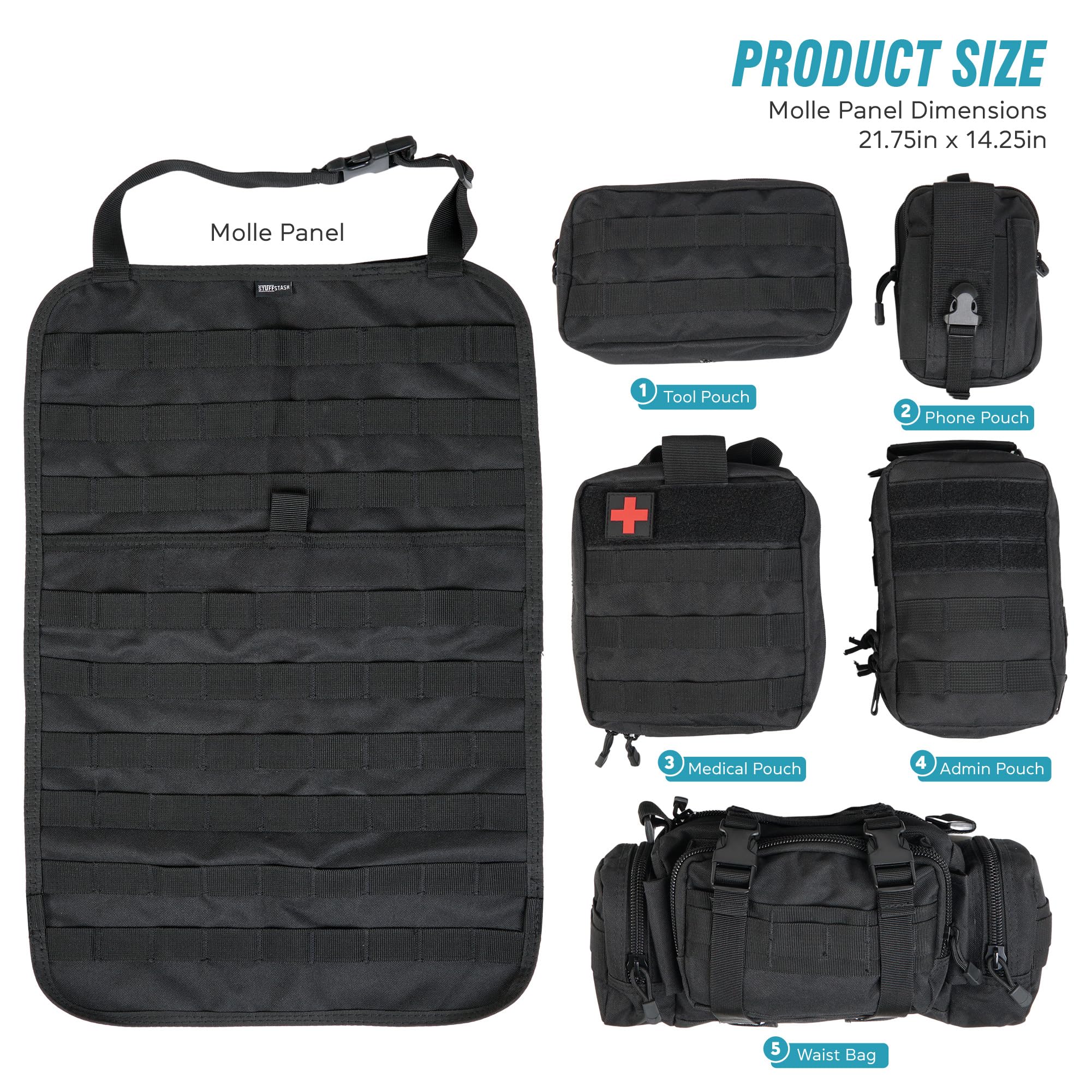 STUFFSTASH Taktischer Rückenlehnen-Organizer, Fahrzeug-Molle-Panel-Organizer, Aufbewahrungstaschen mit 5 abnehmbaren MOLLE-Taschen, extra lange Gurte, universelle Autositz-Organizer für Zubehör