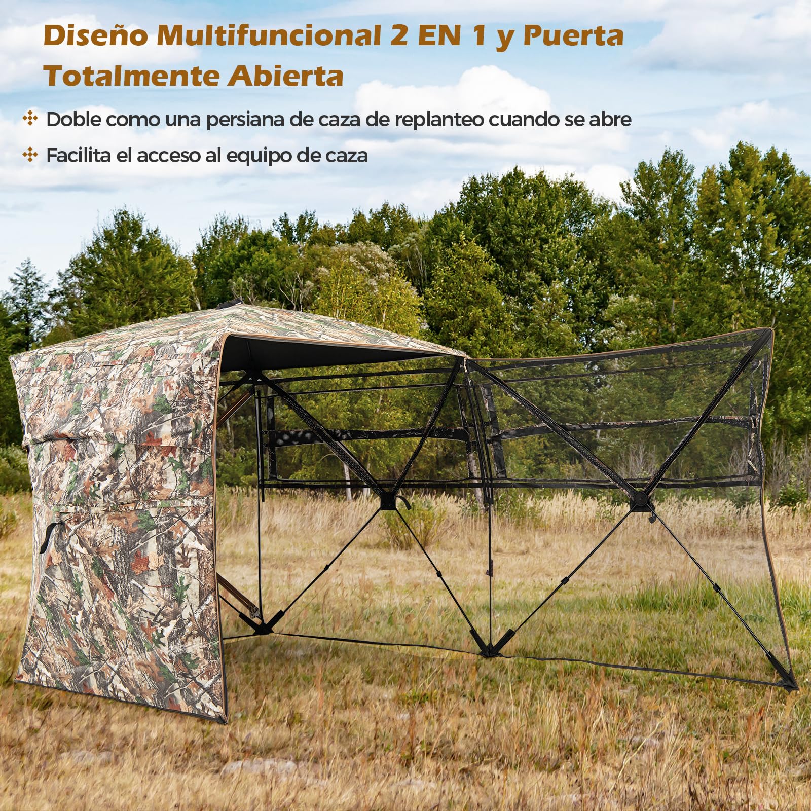 COSTWAY Persiana de Caza de 360°, Estor de Caza Plegable con Puerta Abierta, 2-3 Personas, Puesto de Caza Plegable, Camuflaje