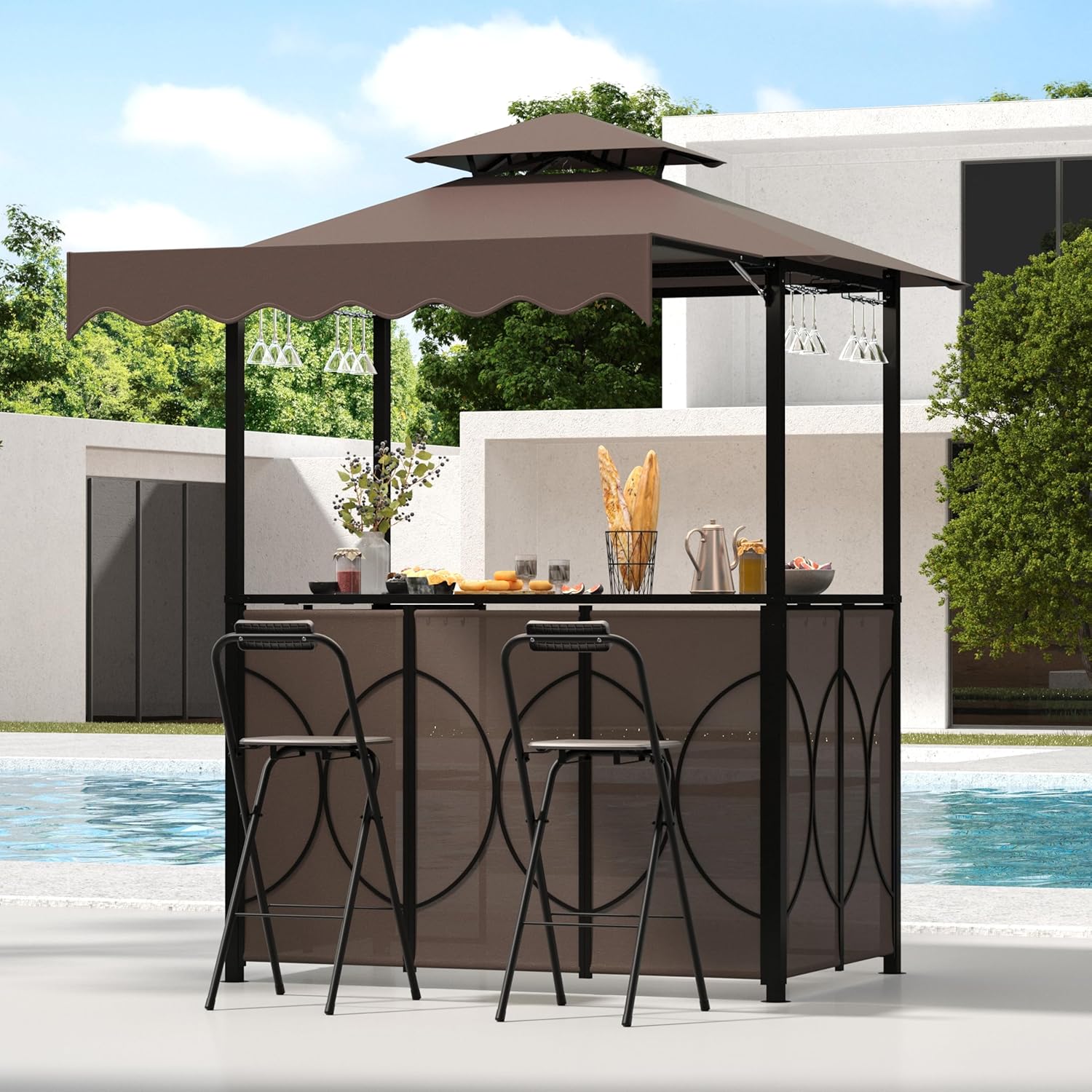 Double-Tier Soft Top Canopy BBQ Grill Gazebo with Side Awning, 3 Piece Patio Bar Set w/2 Foldable Stools, Metal Storage Shelves, Glass Holders & Side Hooks, 6.5' x 6.9' FT, Brown for Patio