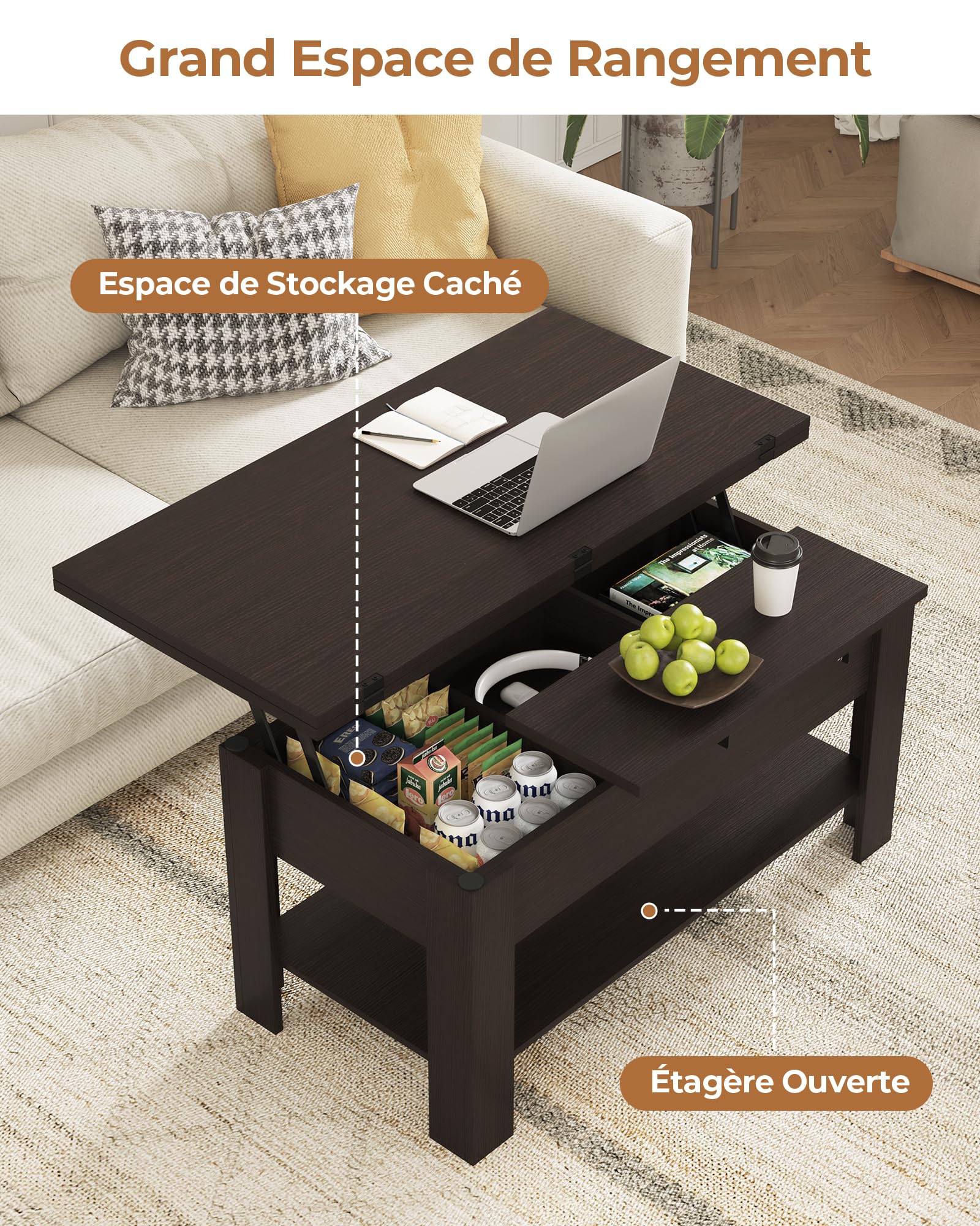 KIMENICH Table Basse Relevable et Pliante, Table de Salon Multifonctionnelle 3 en 1, Tables à Manger avec Étagère de Rangement et Compartiment Caché, pour Salon, Bureau, Couleur Ébène