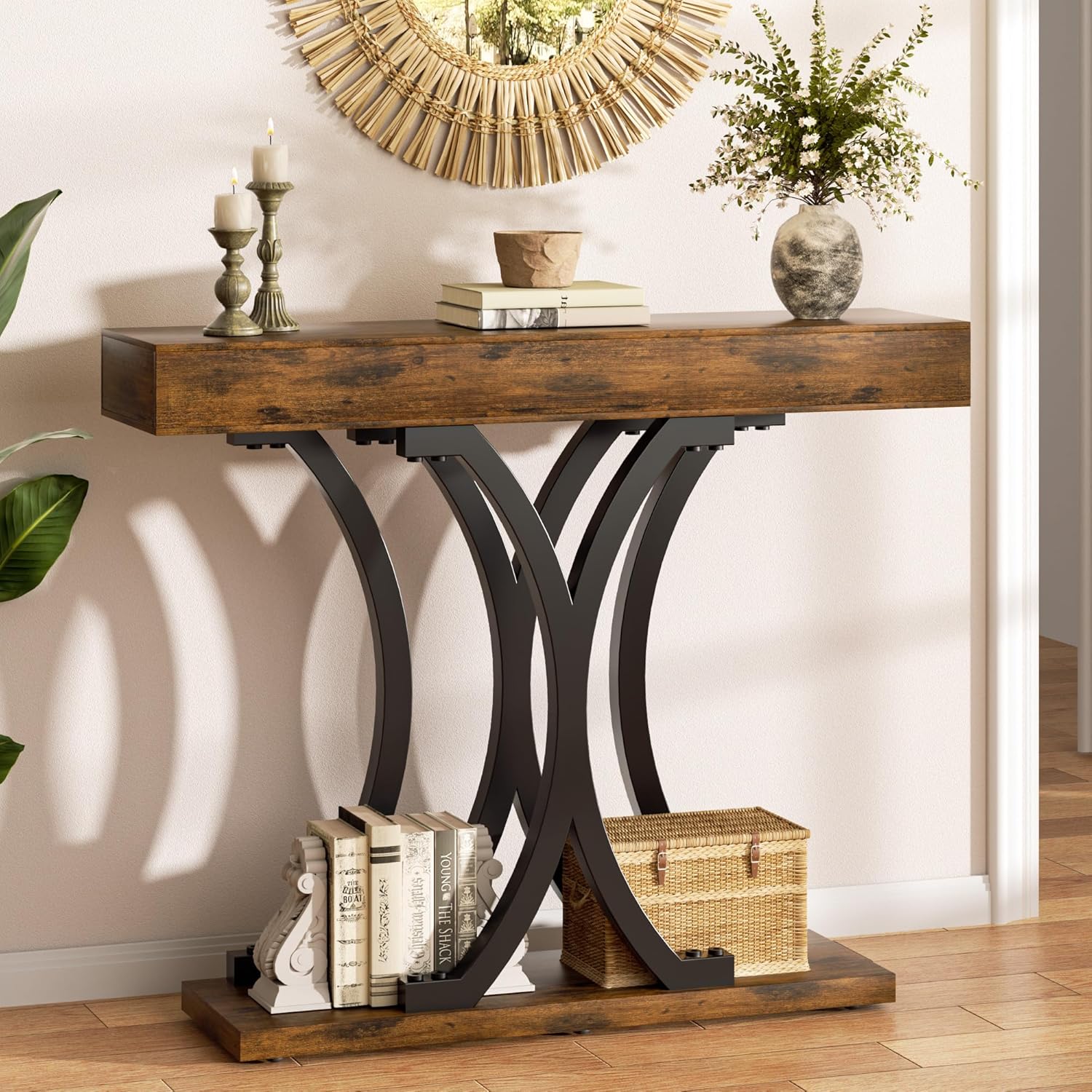 JUSTOGO 43.3" Console Table for Entryway, Industrial Sofa Table Entryway Table, Narrow Wood Accent Tables X-Shaped Metal Hallway Table for Living Room, Small Spaces, Entrance, Foyer, Rustic Brown