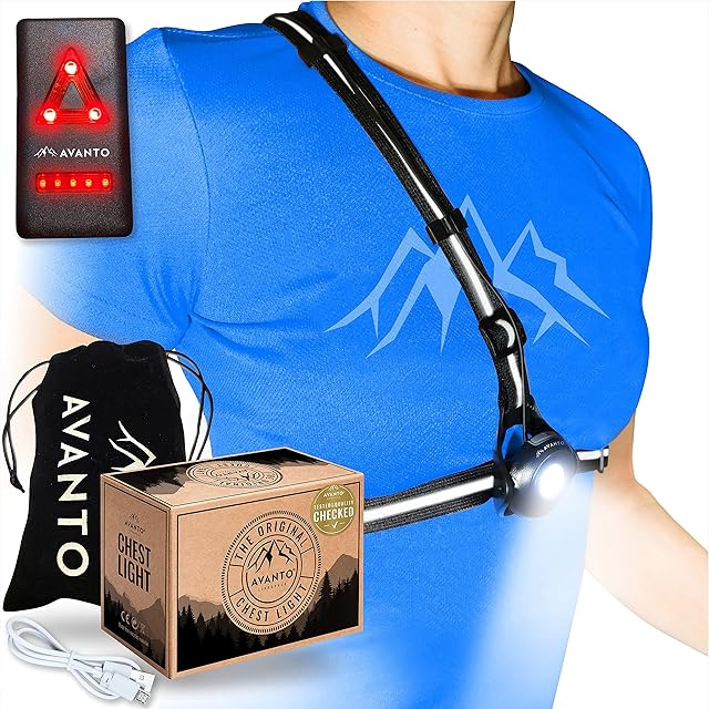 AVANTO PRO Running Chest Light, Original, Running lights for Runners and Dog Walkers, 500 Lumen Adjustable Beam, Long 3-5h Usetime, Strong USB Rechargeable 2200mAh Battery, Reflective Vest with Torch