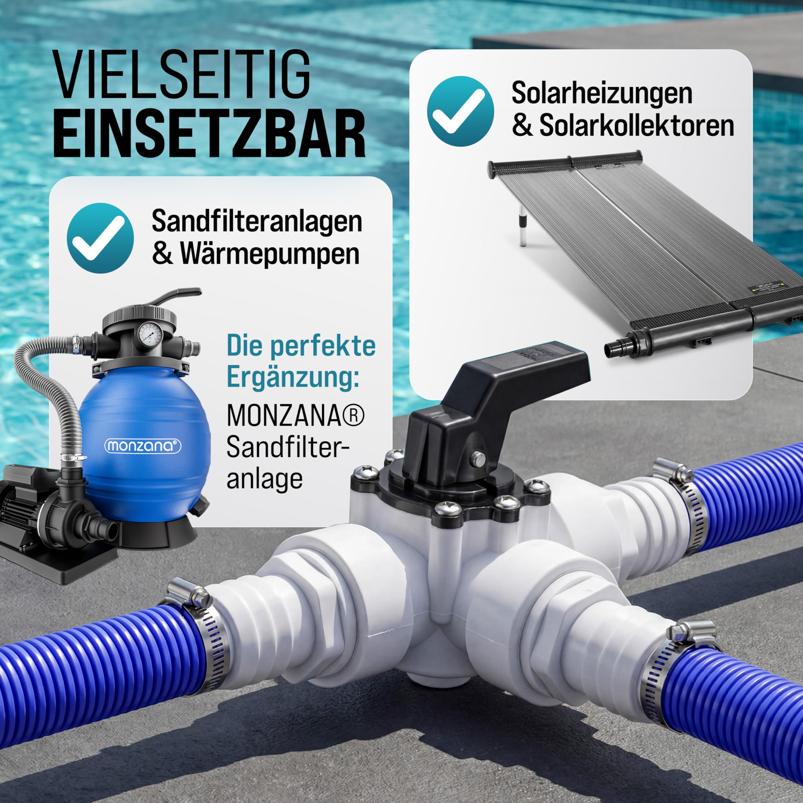 MONZANA® Bypass Set Pool 12-teilig 3 Wege Ventil Anschluss Ø 32/38mm Schlauchschellen Sandfilteranlagen Poolheizung Wärmepumpe Solarheizung