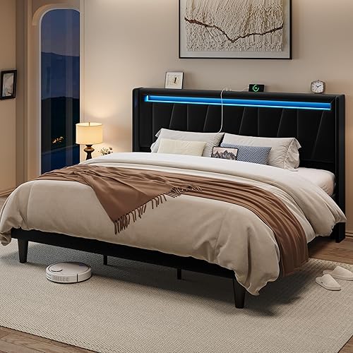 Miniatura 14 de Allewie - Base de cama tamaño Queen con estación de carga LED, base de cama tapizada en terciopelo con plataforma y cabecera geométrica con respaldo