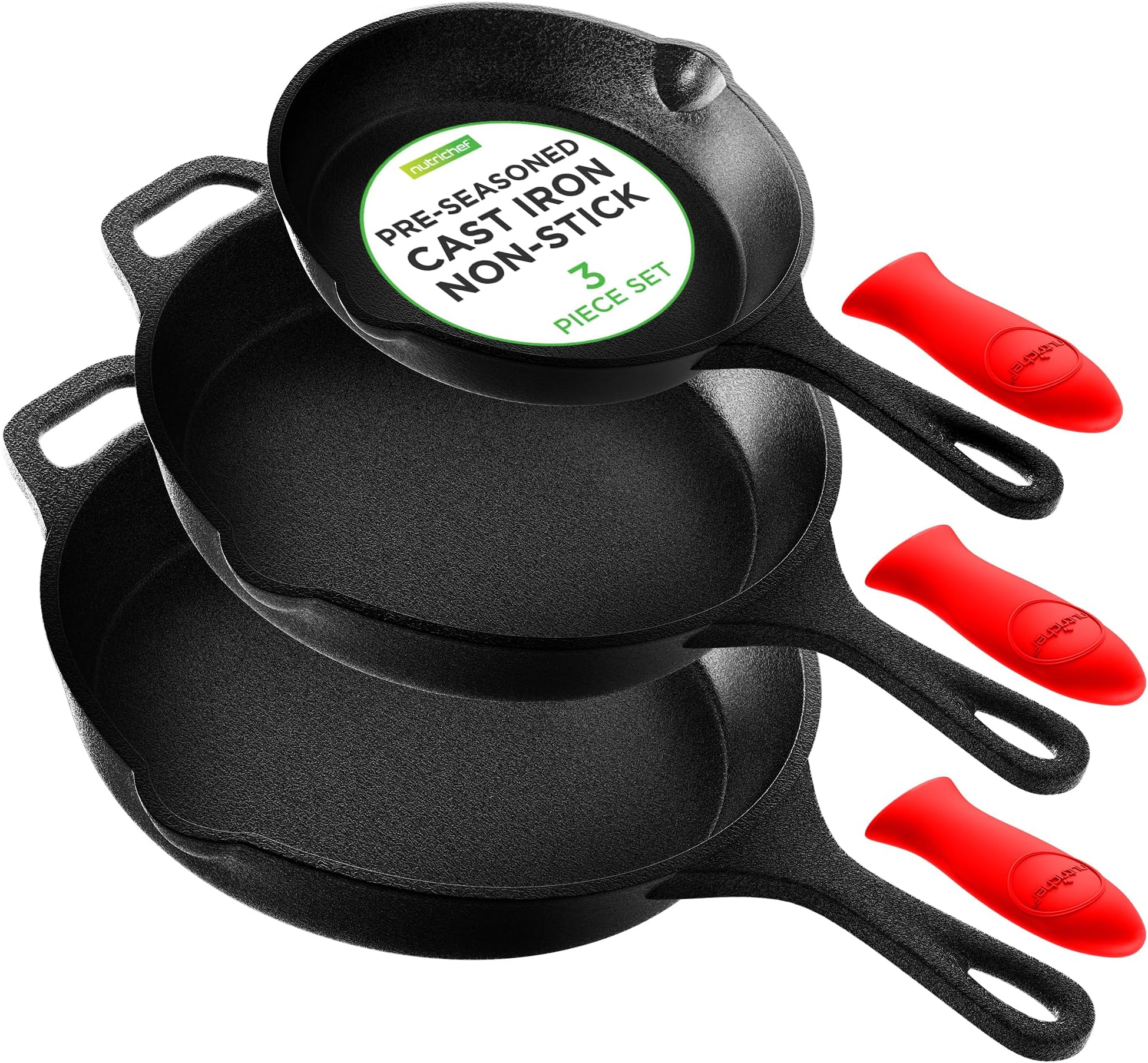 3pc Cast Iron Skillet Set - Nonstick Pans with Drip Spout, Silicone Handles, For All Cooktops