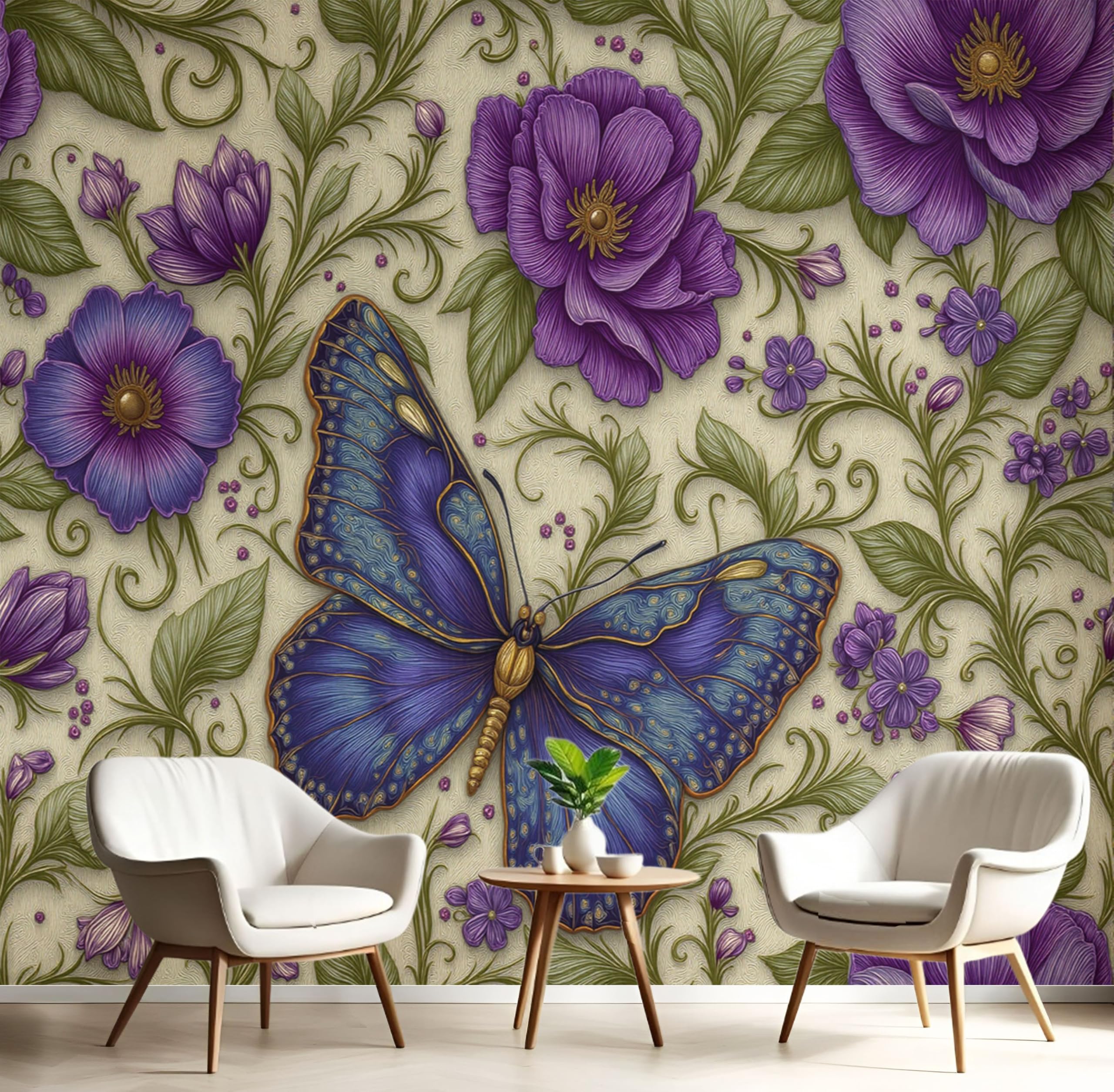 Papier peint panoramique en soie violet pour masquer un mur terne de salon