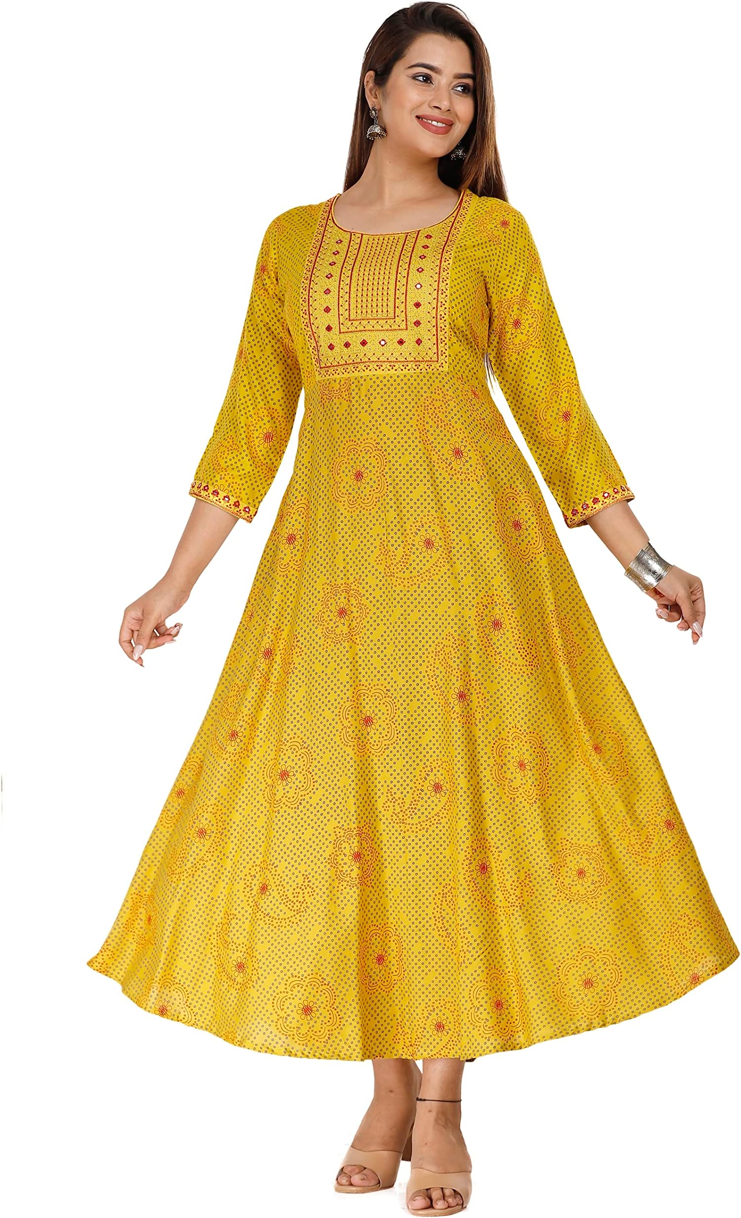 NANAK FEBWomen's Embroidery Rayon Anarkali Kurti for Girls Printed Regular Wear Long Kurta