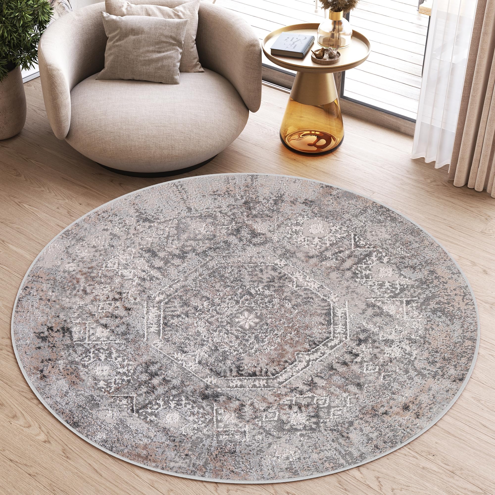 TAPISO Valley Redonda Alfombra Pelo Corto Brillante Suave Moderna Vintage Gris Grafito Beige Crema Alfombra de Salón Dormitorio Habitación Oeko-Tex 240 x 240 cm
