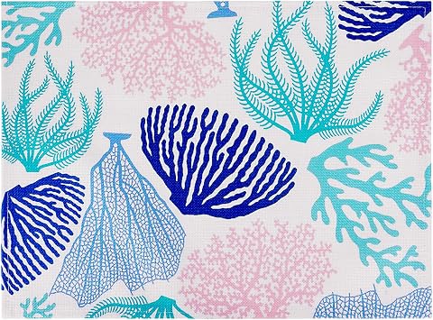 Nautical Placemats Set of 6, Coastal Design with Sea Fan Coral Print, 12 x 18 Inch Table Mats for Dining Room and Beach House Decor