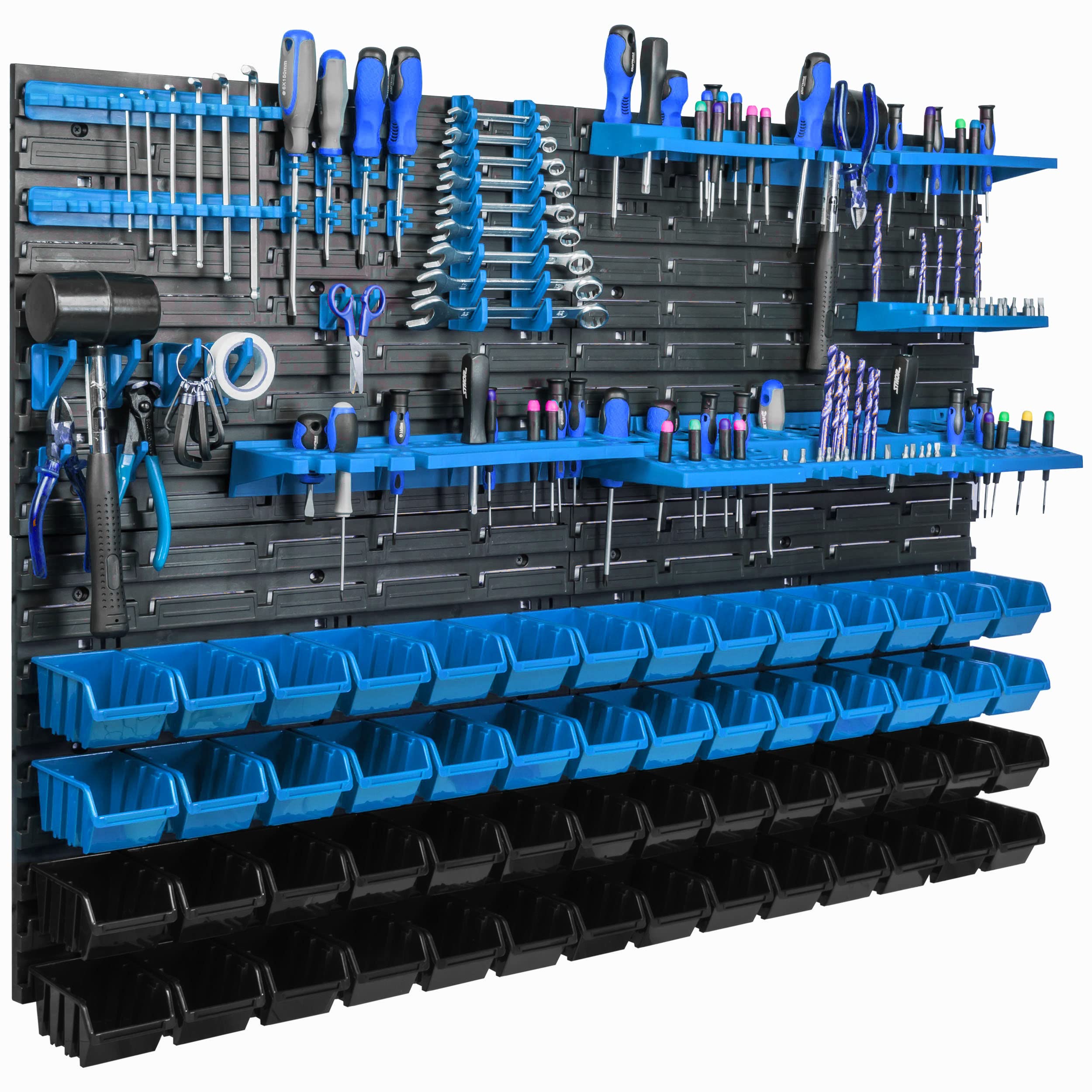 Lagersystem Wandregal 115x78cm, Werkzeughalterungen, 56 stck. Stapelboxen Schüttenregal Sichtlagerkästen, Extra Starke Wandplatten, Regal Erweiterbar, Werkstattregal Lagerregal Werkstattwandregal Ste