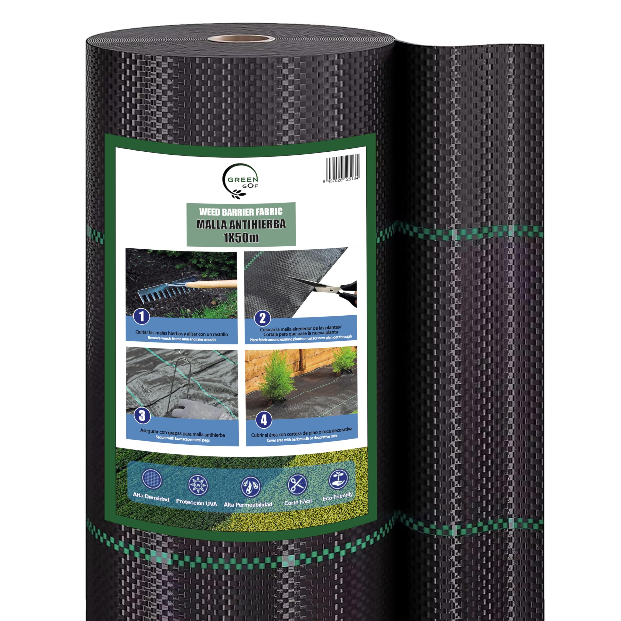 Malla Antihierbas Premium 1x50m, 130g/m² - Ultra Resistente. Varios Tamaños. Alta Estabilización UV, Permeable y Transpirable - contra Las Malas Hierbas. Geotextil para Jardín y Terraza.