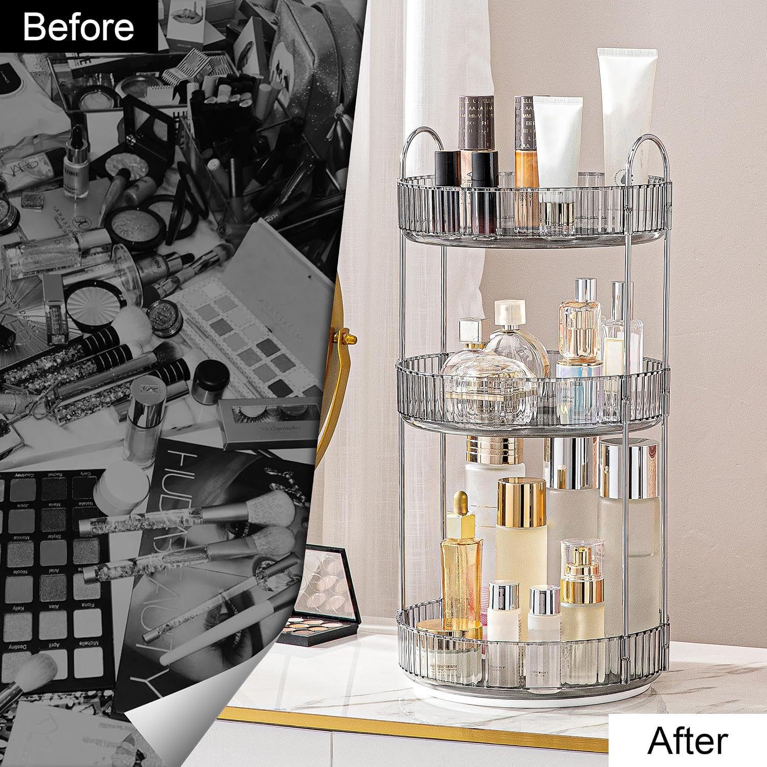 360 Rotating Makeup Organizer for Vanity, Bathroom Countertop Spinning Perfume Organizer, High-Capacity Cosmetic and Skincare Dresser Make Up Holder Rack (3 Tiers, Grey) image 4