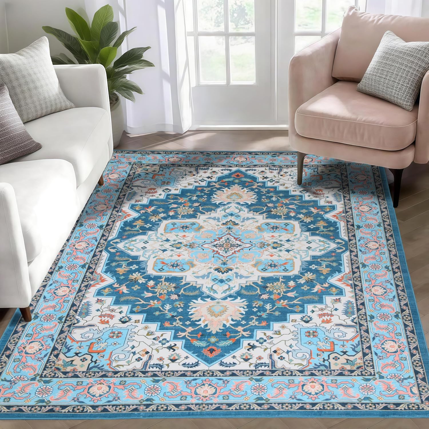 WILLSUN Washable Area Rugs, 4x6 Non-Slip Boho Large Area Rugs for Living Room, Bedroom, Machine Washable Vintage Rug, Indoor Floral Print Carpet for Home Decor, Kid & Pet Friendly Mat Blue 4' x 6' (Rectangular)