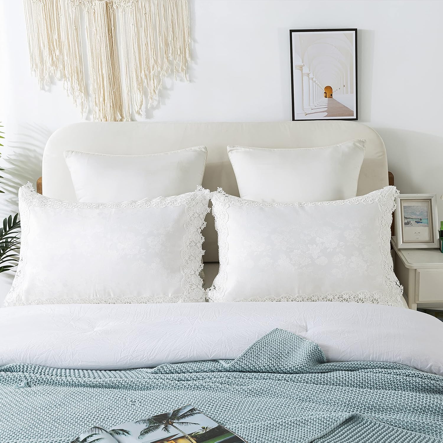 2 Pack White Pillow Shams Rose Embroidery Lace Jacquard Pillowcases with Ruffles Shabby Vintage Pillow Covers Queen Size 20"X26"