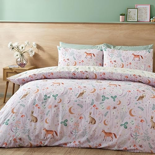 Catherine Lansfield Enchanted Twilight Animals Reversible Duvet Cover Set with Pillowcase Lilac