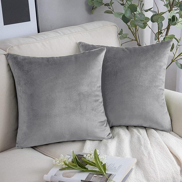 YORKSHIRE BEDDING Velvet Cushion Covers 45 x 45 cm - Luxury Pack of 2 Square Throw Pillow Cases - Decorative Soft Cushion Cover for Sofa Couch Bedroom with Invisible Zipper 18x18 Inches, Silver