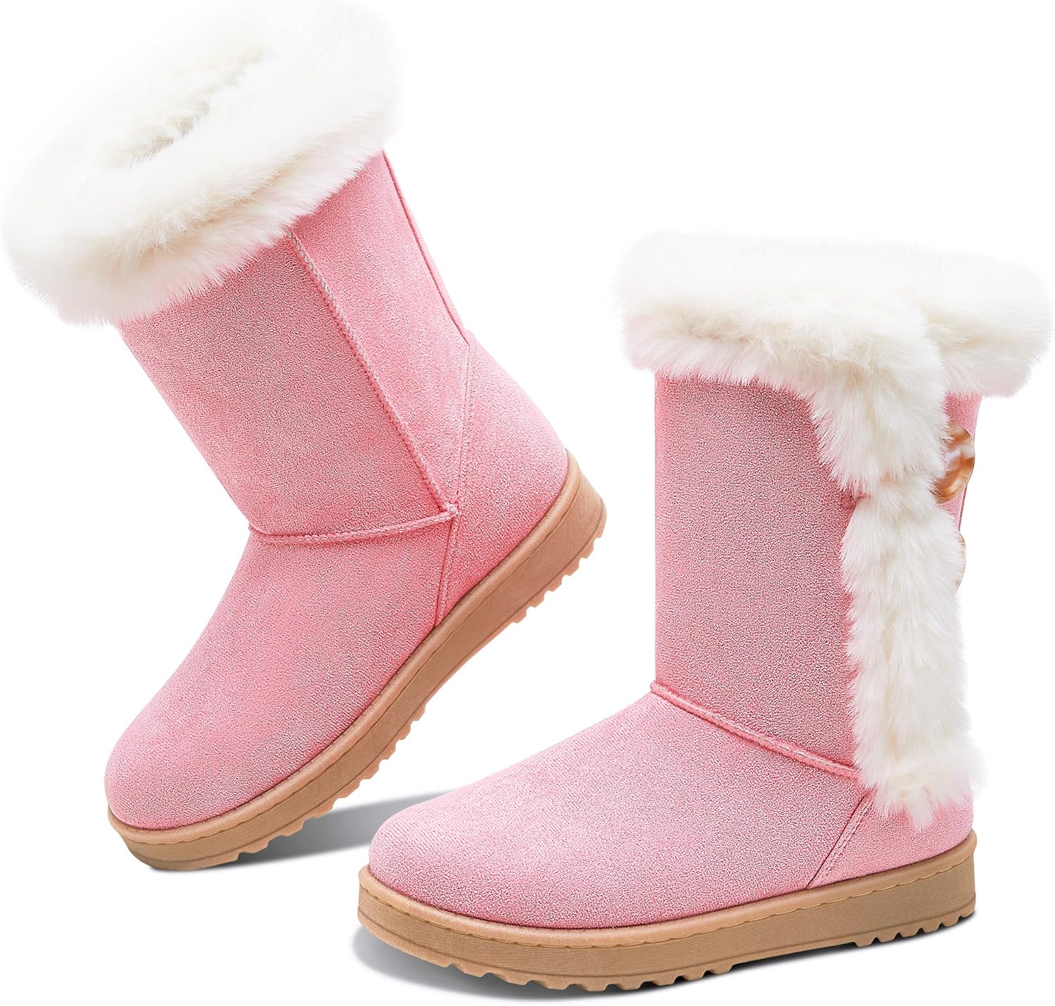 Obtaom Womens winter snow boots Short Mid Calf fashion boot Art Resin button Faux Suede boots for women
