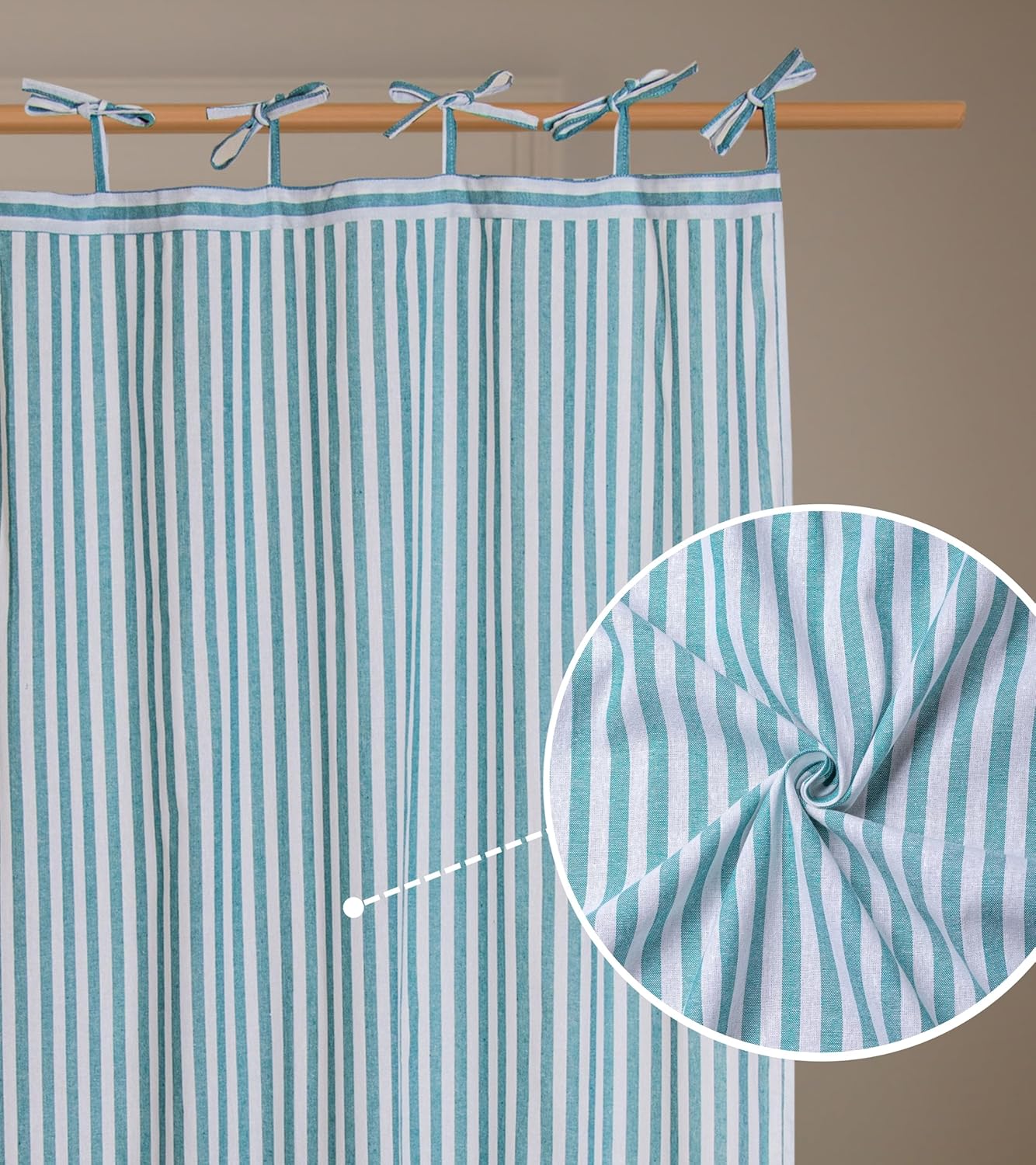 Aqua Striped 63 Inch Length Curtains Farmhouse Linen Cotton Pinstripe Light Filtering Ticking Stripe Valance Curtain Window Pair Drape with Tie Top 2 Panels Set 63 x 40 Each