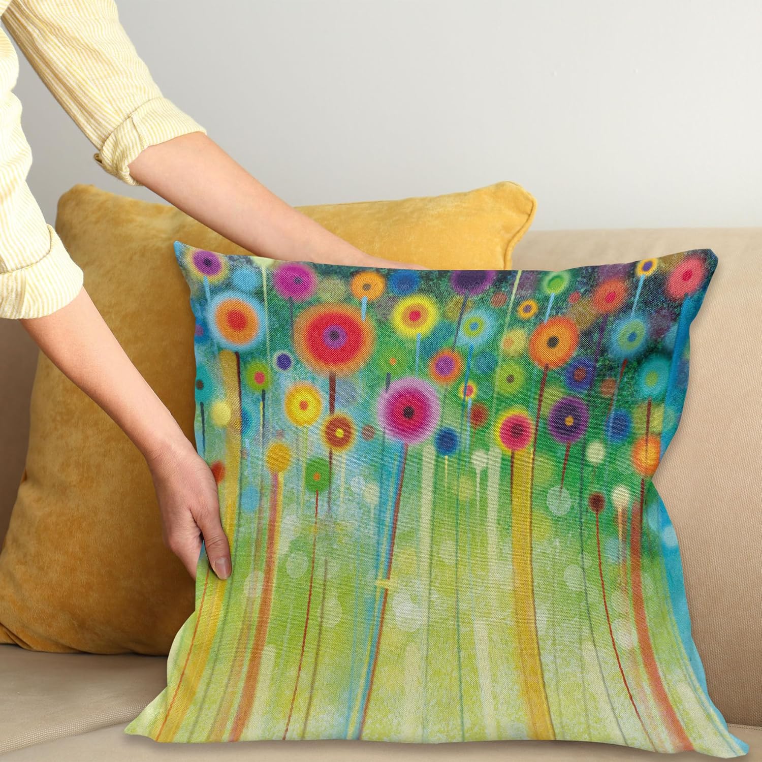 Ambesonne Flower Throw Pillow Cushion Cover, Abstract Dandelion Inspired Spiral Blooms Petals Geometrical Shapes Nature Art Theme, Decorative Square Accent Pillow Case, 28" X 28", Pale Green