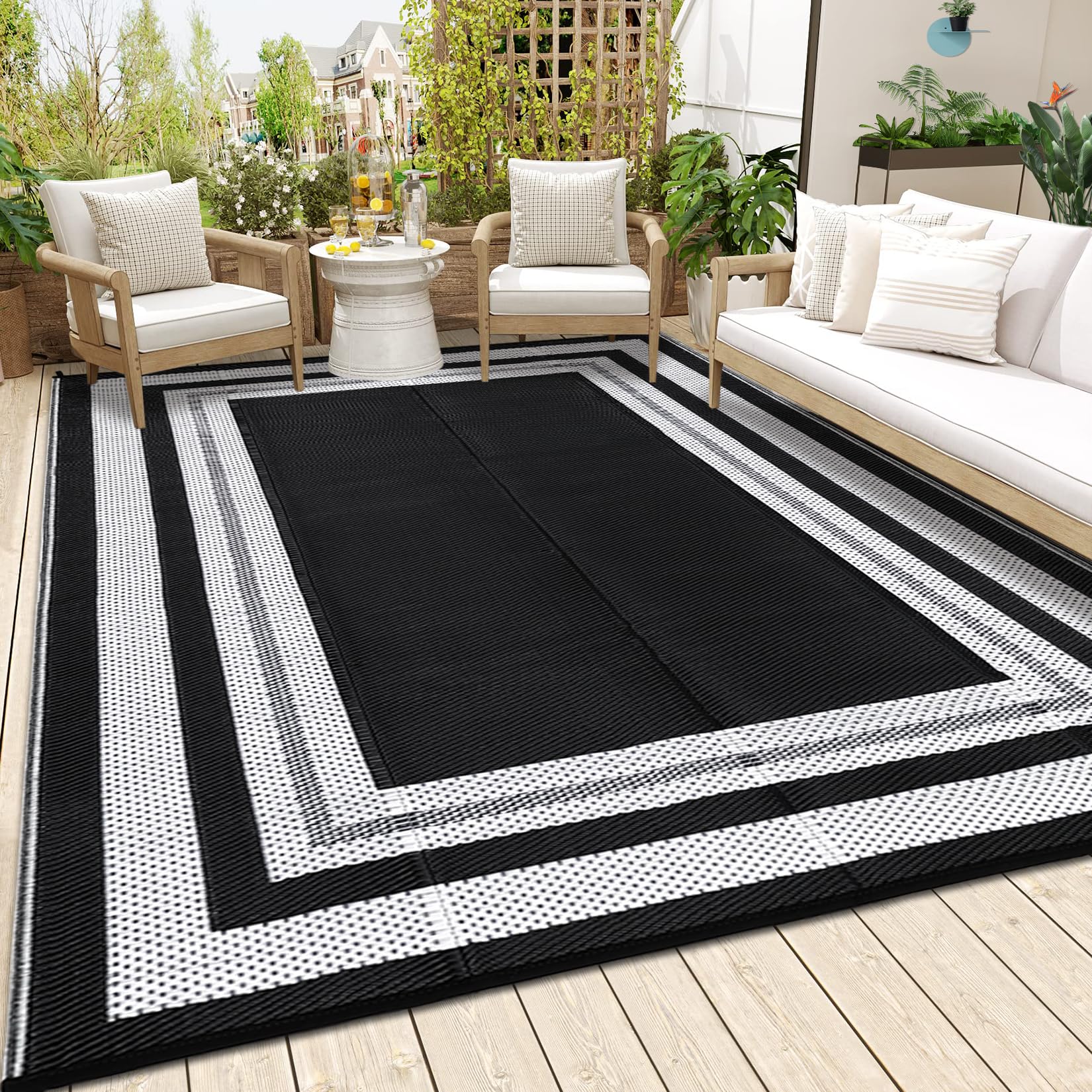 GlowSol Outdoor Rug 9x12 Waterproof Outdoor Plastic Straw Rug, Lightweight Portable Outside Solid Carpets Reversible Plastic Straw Patio Rug for RV