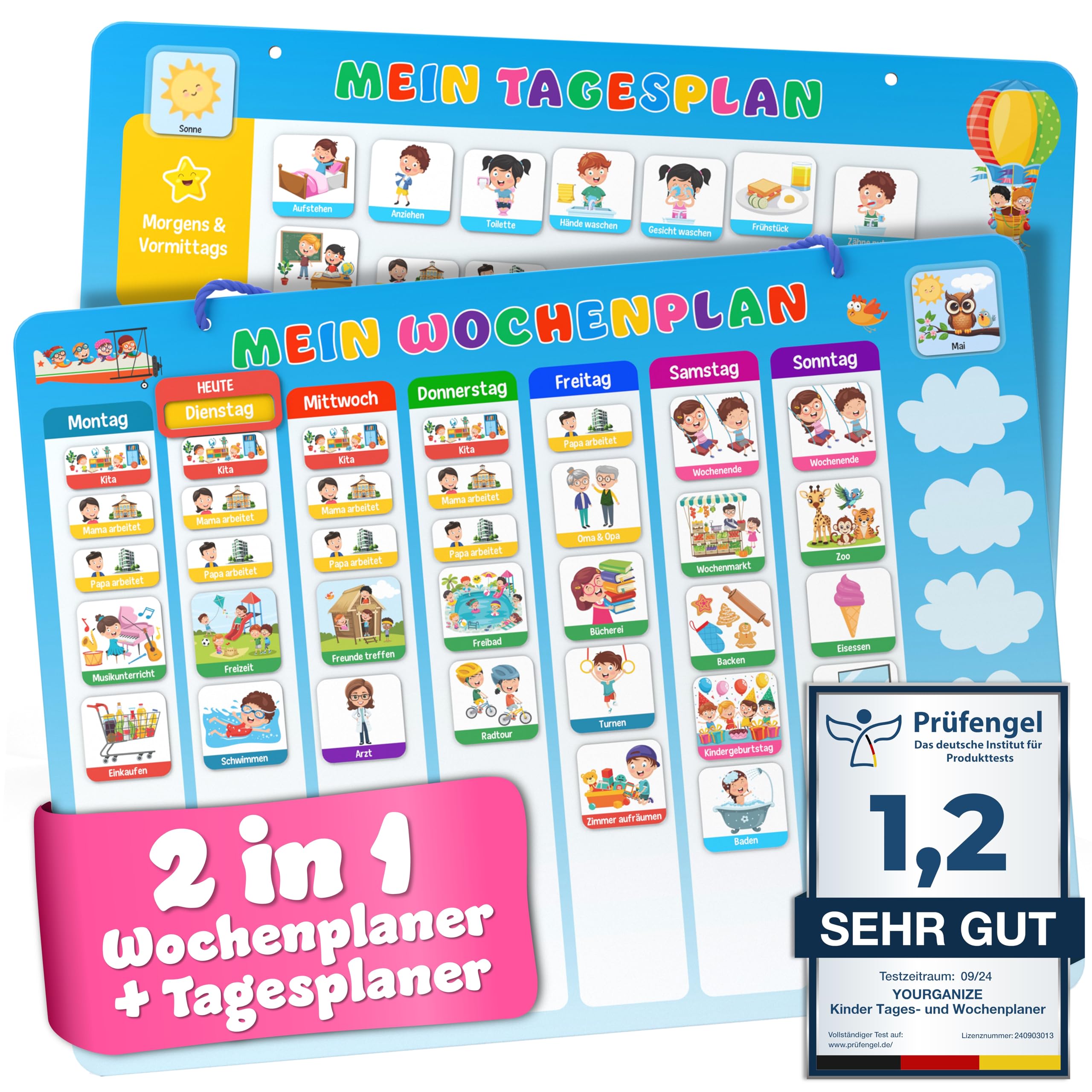 YOURGANIZE® 2-in-1 Wochenplaner und Tagesplaner für Kinder - inkl. 196 Magnete + 160 Sticker zum Personalisieren - Routine Planer Kinder