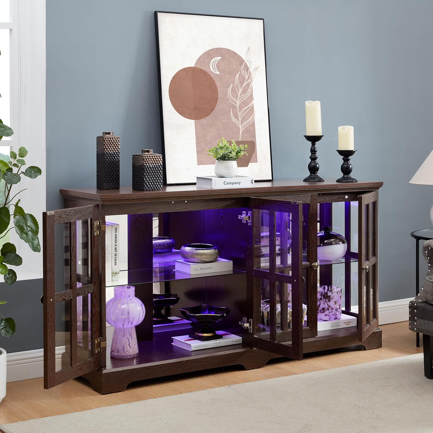 LED Curio Display Cabinet with Glass Doors, Cherry, 4-Door Vintage Showcase, Adjustable Shelves, 59.05 x 15.75 x 32.09 Inch