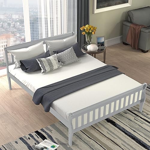 EMKK Base de cama de plataforma Queen con cabecera y estribo para adultos y niños base de colchón de cama con plataforma de madera no requiere