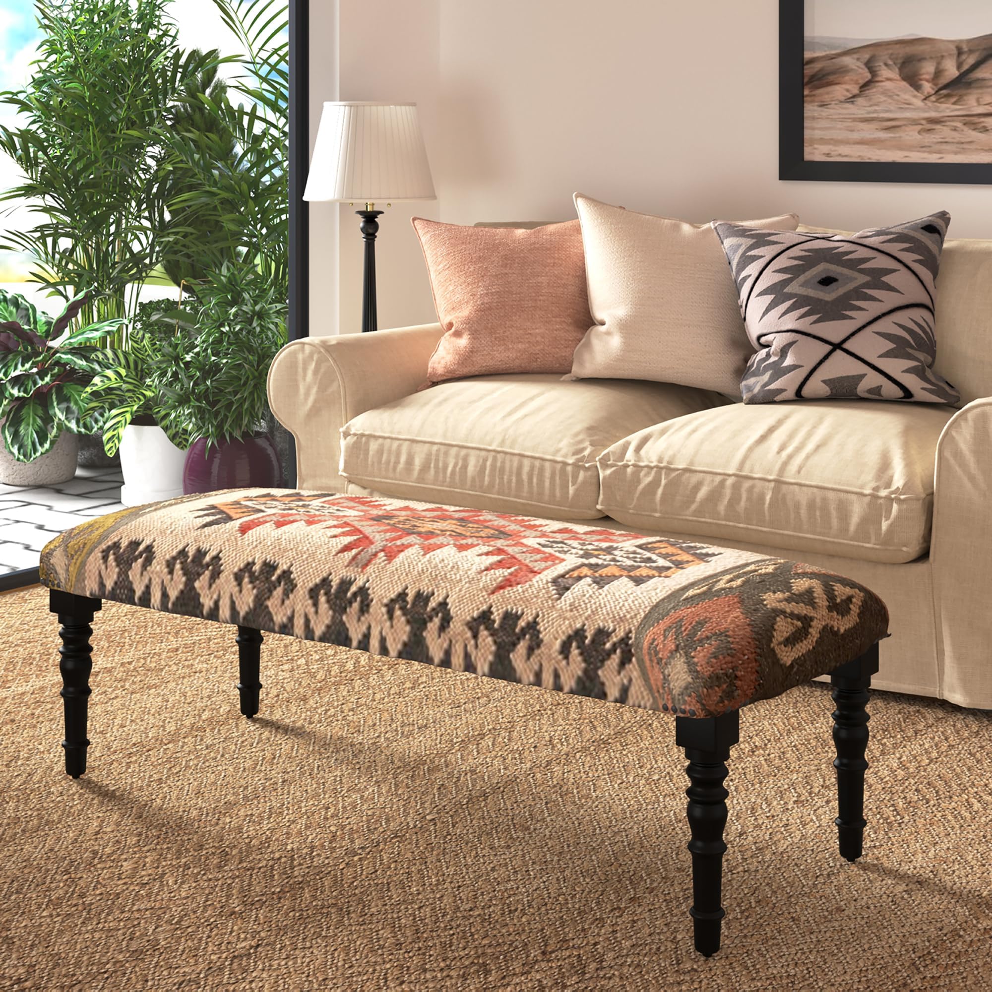 LR Home Tan/Multicolor Handmade Upholstered Bench for Bedroom End of Bed | Accent Bench for Living Room, Bedroom, or Entryway Seating | Long Rectangle Sitting Bench | 47"D x 16"W x 18"H