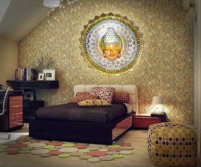 AONA Buddha Metal Wiser Wrought Iron Round Wall Mounted Hanging Art Decor Antique Design Religious Sculpture with LED Li