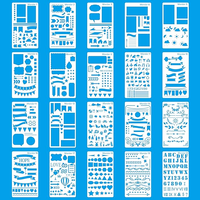 MORSLER 20 Pieces Journal Stencil Plastic Planner Stencils for Journal/Notebook/Diary/Scrapbook DIY Drawing Template