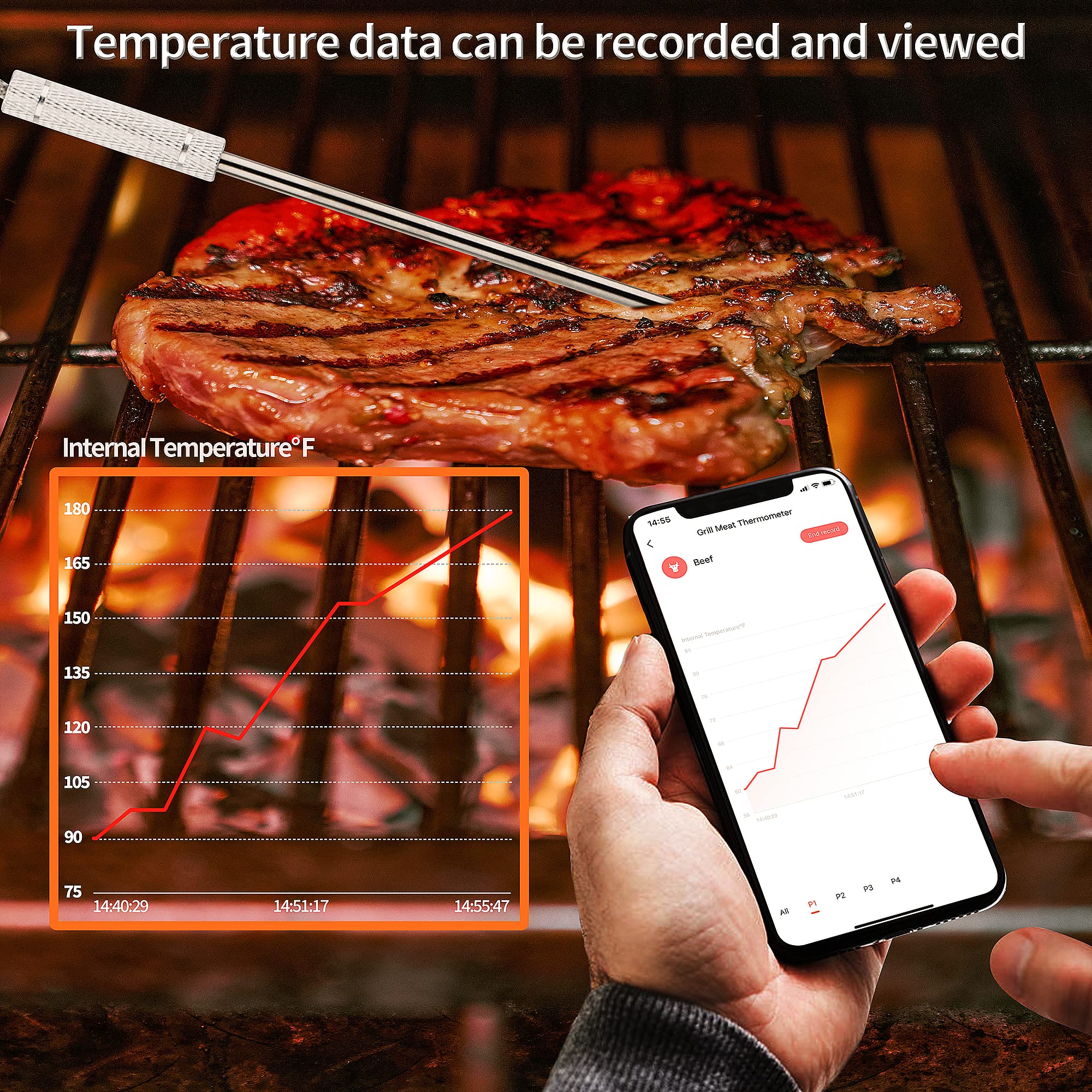 DIGITEN Termometr do grillowania Bluetooth, bezprzewodowy termometr do mięsa z 4 sondami, termometr do grilla, wędzarnia, termometr do natychmiastowego odczytu, inteligentny akumulator do żywności