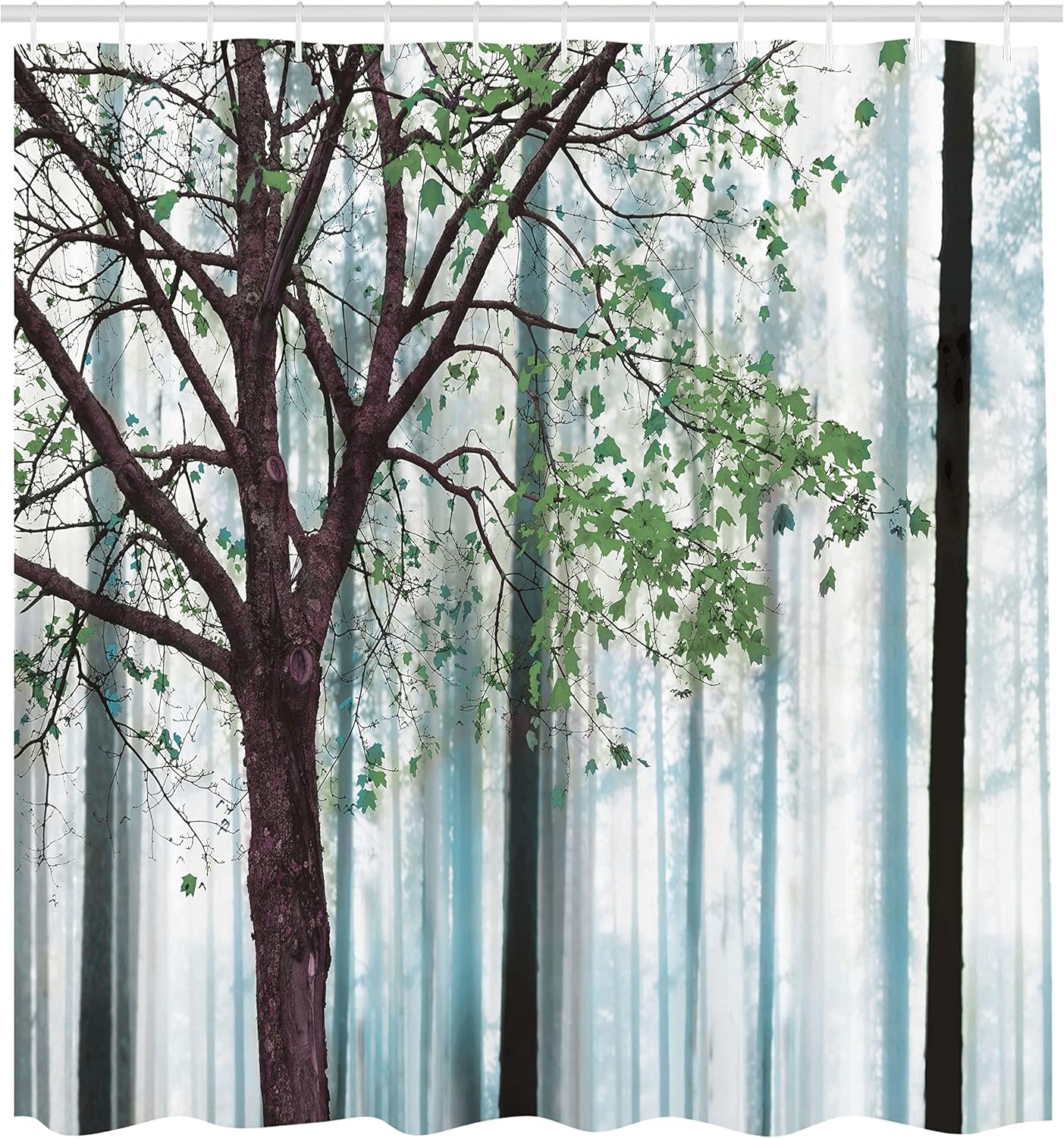 Ambesonne Autumn Shower Curtain, Picture of a Lonely Tree Leaves on an Abstract Woodland Background Print, Cloth Fabric Bathroom Decor Set with Hooks, 69" W x 84" L, Mint Green