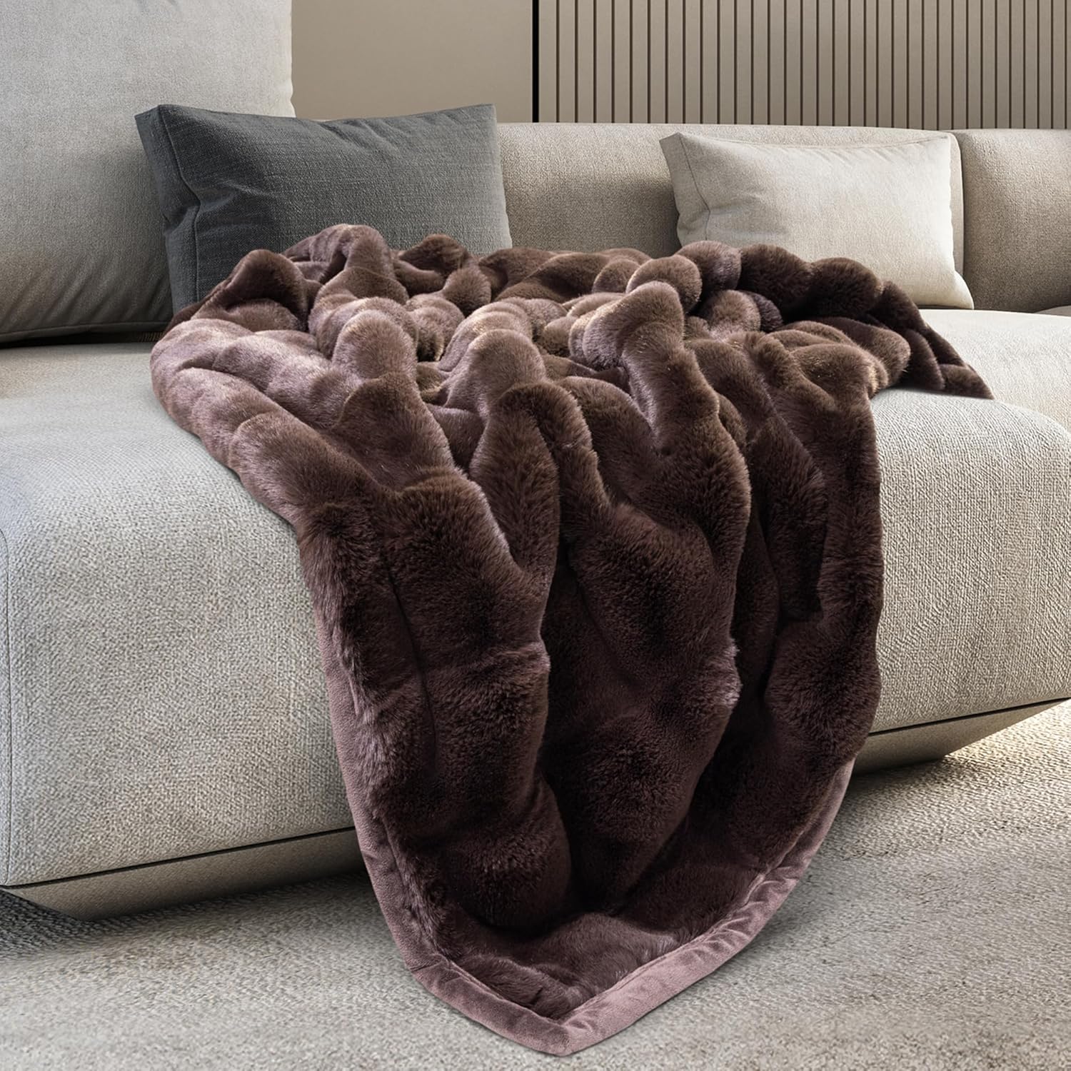 Mon Chateau 60" x 70" Hearthside Faux Fur Throw Blanket, Reversible Soft Blanket for Queen-Size Bed, Couch, or Sofa, Cozy Home Decor and Stylish Living Room Comfort, Winter Cream (Chestnut Square)