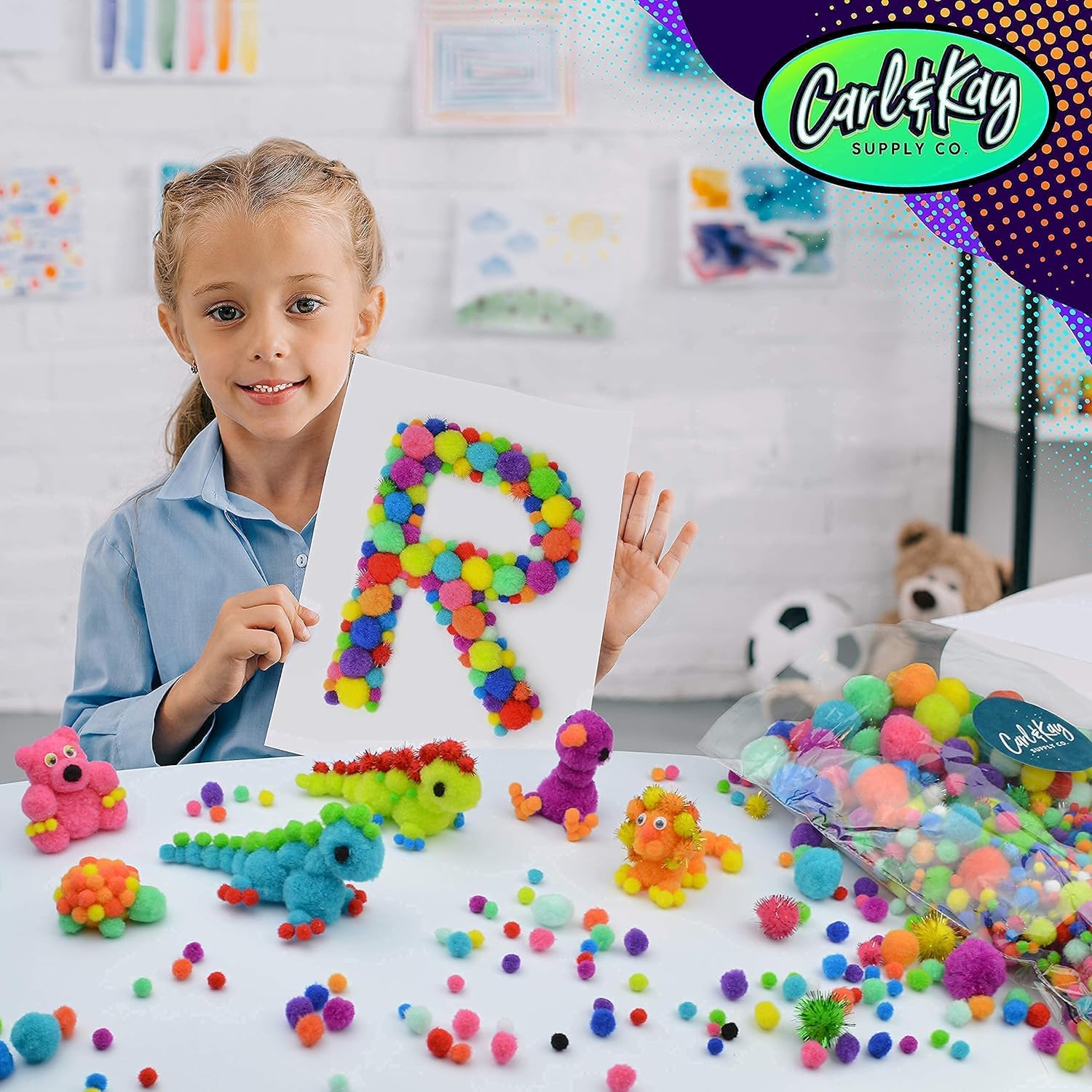 Carl & Kay Assorted Size 2000 Pom Poms, 200 Googly Eyes & 1750+ pcs Crafts Supplies for Kids