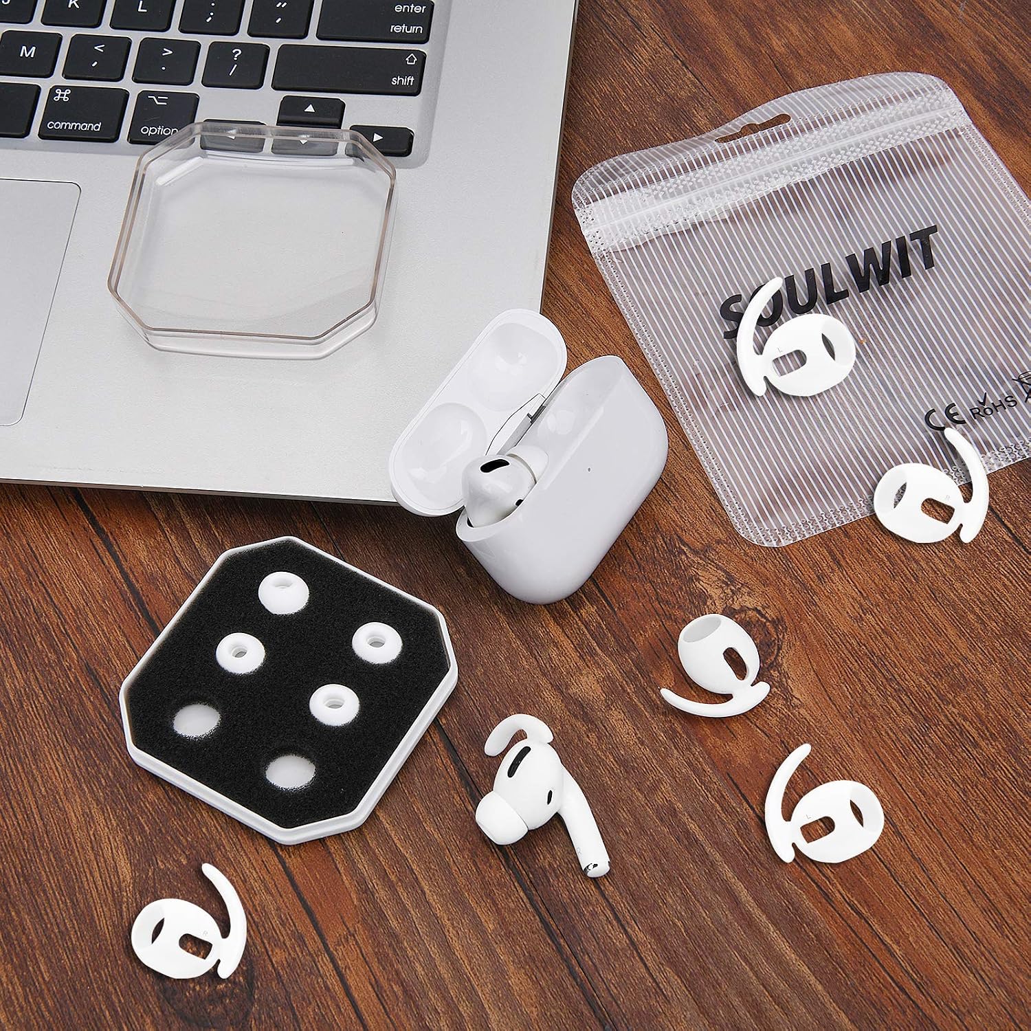 SOULWIT Silicone Ear Tips Earbud Eartips Replacement [S M L] + Ear Hooks Cover with Wings Anti-Slip Compatible with AirPods Pro [3 Pair]