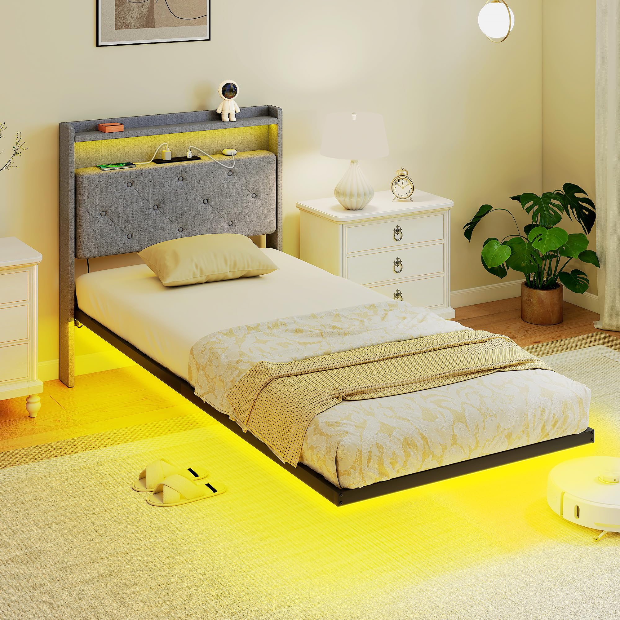 Rackhams Grey Floating Bed Frame With Rgb Lights, Upholstered Single Size Bed, - 200 - Fabric