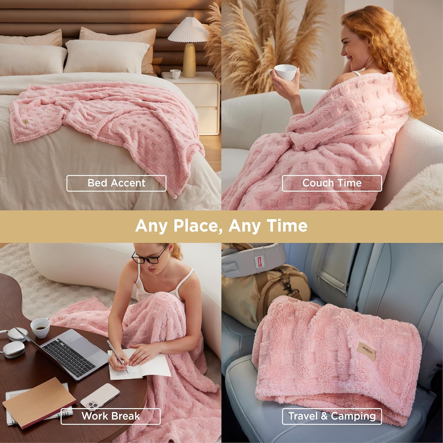 Bedsure Waffle Fleece Blanket for Couch - Light Pink GentleSoft Fluffy Checkered Twin Blanket for Sofa Bed Room Decor, Warm Cozy Cute Women Gift, 60x80 Inches