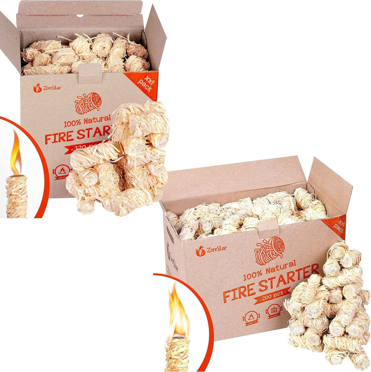Zorestar Fire Starters XXL 120+ pc - Eco firelighters for Indoor and Outdoor Use - Box of 100% Natural Waterproof Firestarter