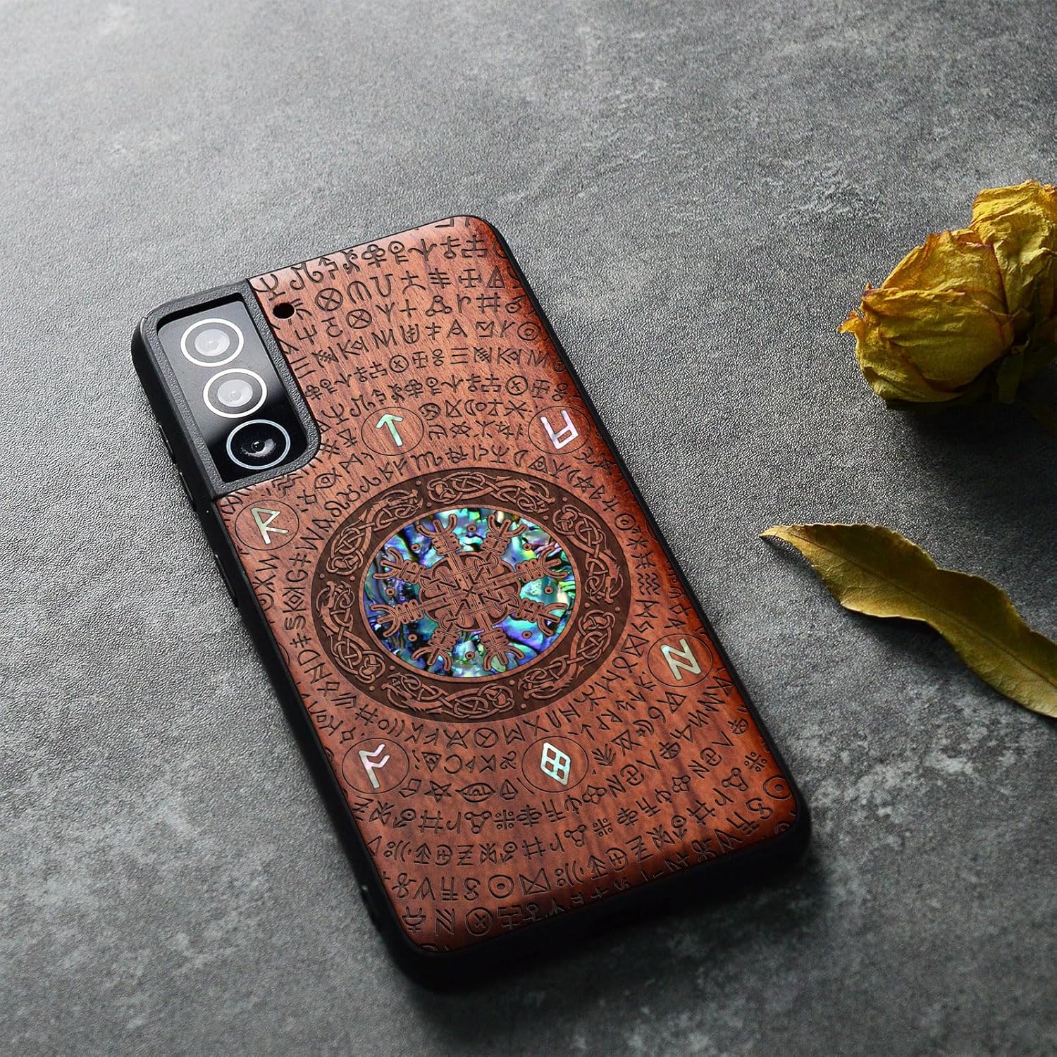 Carveit Designer Wooden Cover for Samsung Galaxy S22 Plus Case [Wood Engraving & Shell Inlay] Compatible with Wireless Chargers Galaxy S22 Plus (Viking-Rosy)