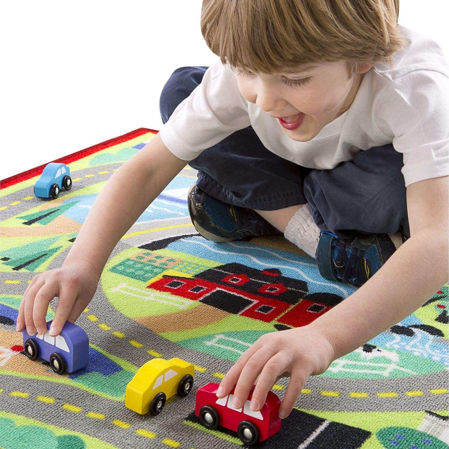 Melissa & Doug Round The Town Road Rug and Car Activity Play Set with 4 Wooden Cars (39 x 36 inches)