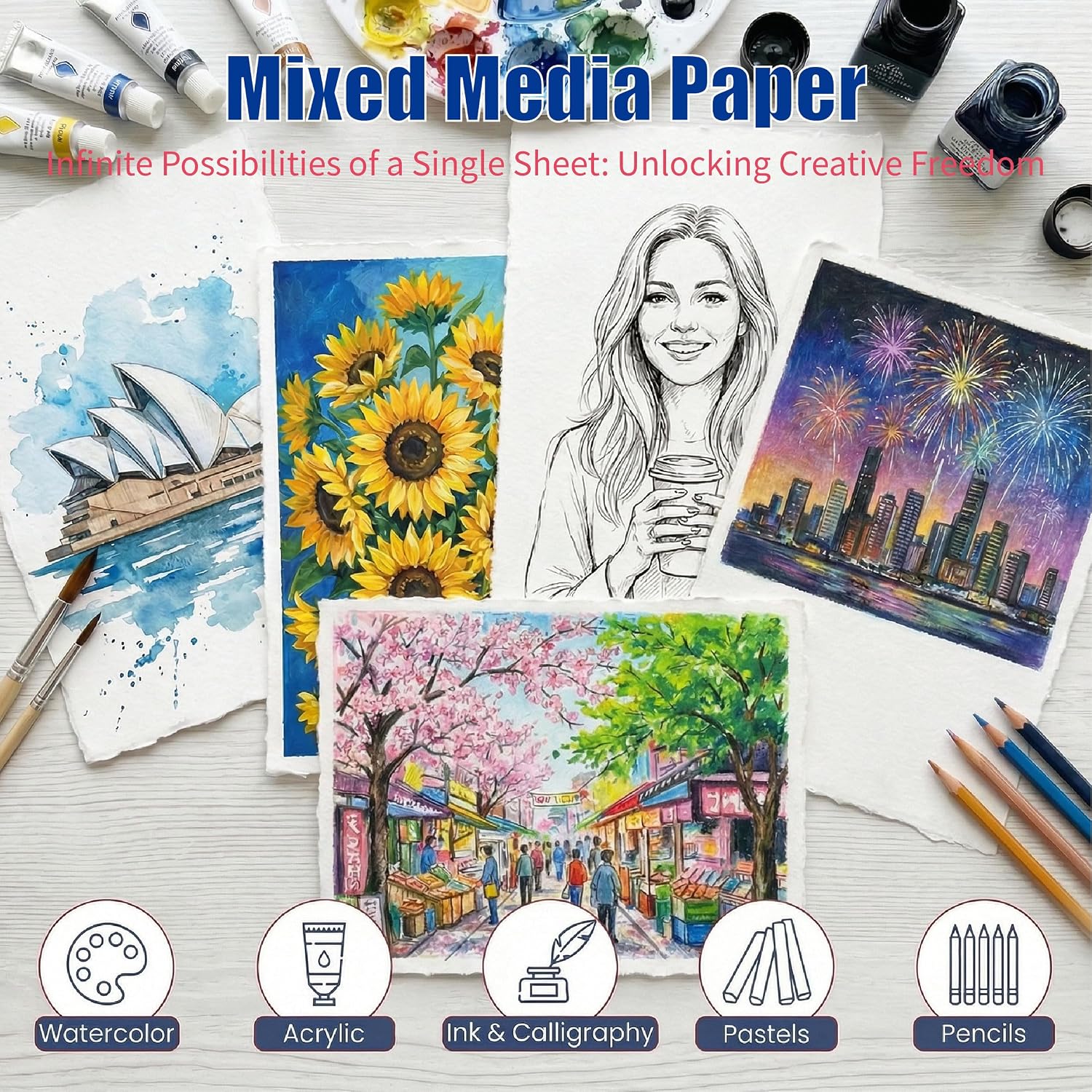ANSSDO 60 Sheets Deckled Edge Textured Watercolor Paper 5 x 7 inch, 300 GSM Thick Cotton Handmade Paper for Watercolors, Wedding Invitations or Crafts Project